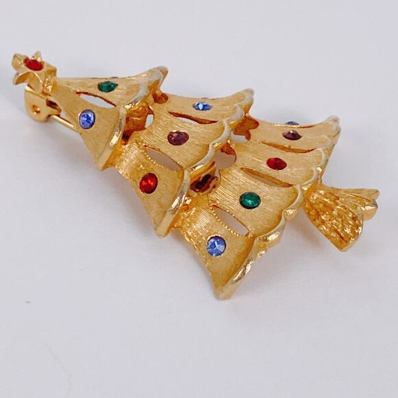 VTG Signed JJ Jonette Gold Tone Christmas Tree Brooch Pin Colorful Crystals - Picture 6 of 10